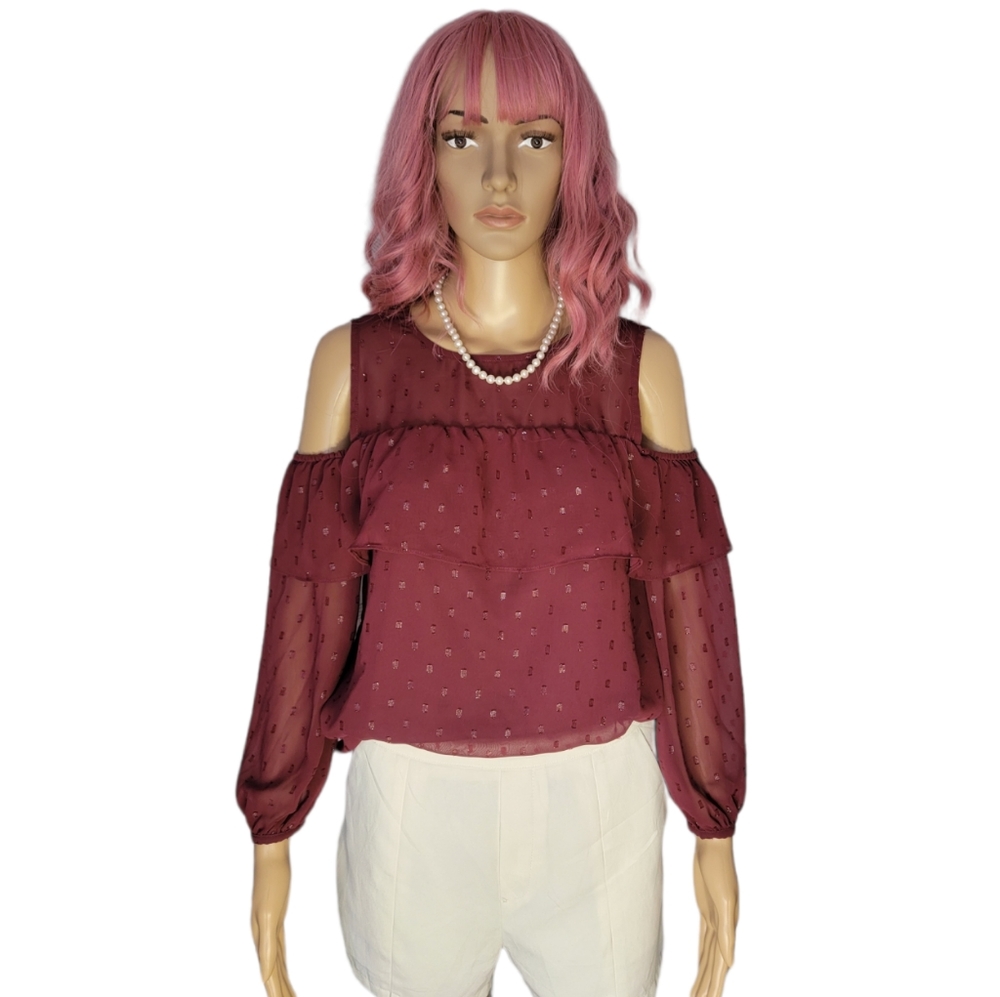 OLD NAVY WOMEN'S COLD SHOULDER SHIMMER BLOUSE BURGUNDY/PLUM SIZE XS